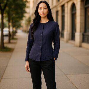 FLAX SZ P (4-6) Women's Long-sleeve Button Down Midnight Blue Linen Blouse Top